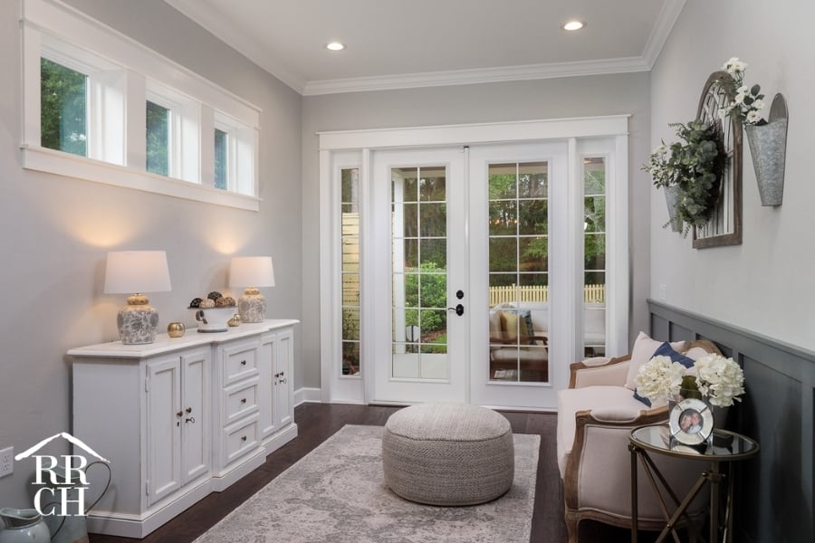 Custom Home Build Longleaf Den Area with French Doors to Outdoor Patio | Robinson Renovation & Custom Homes, Inc.