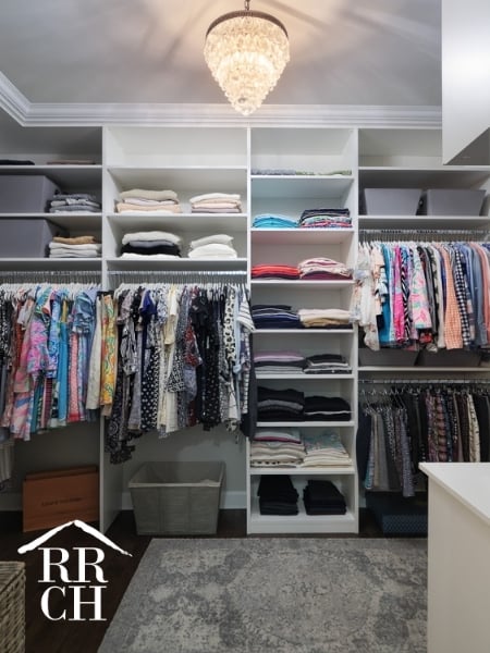 Custom Home Build Longleaf Master Walk-In Closet with Custom Built-In Shelving Units | Robinson Renovation & Custom Homes, Inc.