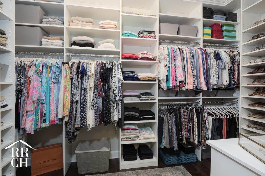 Custom Home Build Longleaf Walk-In Master Closet with Custom Built-In Shelving | Robinson Renovation & Custom Homes, Inc.
