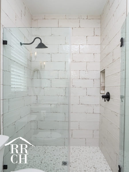 Custom Home Build Guest Bathroom Modern Farmhouse Style Custom Tile - Dylans Grove 2 | Robinson Renovation & Custom Homes, Inc.