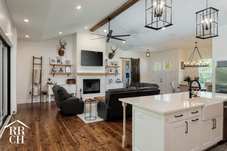 Custom Home Build Living and Dining Open Floor Plan Modern Farmhouse Exposed Beam - Dylans Grove 2 | Robinson Renovation & Custom Homes, Inc.