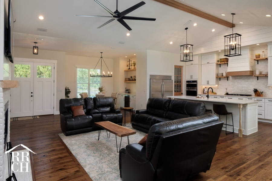 Custom Home Build Modern Farmhouse Living Area into Dining Area Open Floor Plan - Dylans Grove 2 | Robinson Renovation & Custom Homes, Inc.