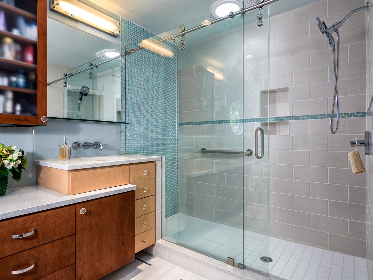 Glass Panel Shower Blue Tile Modern Bathroom Remodel The Quarries