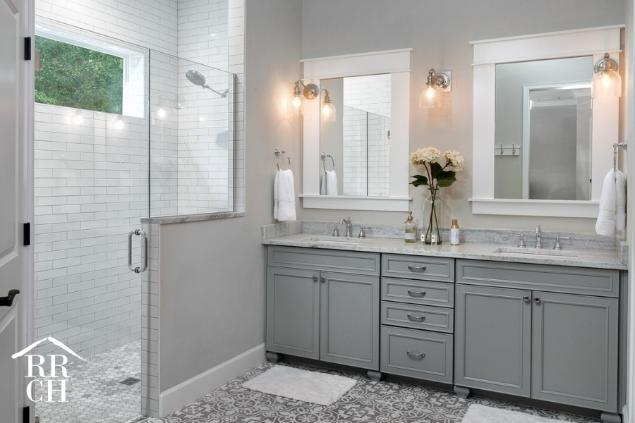 Custom Home Build Longleaf Bathroom Remodel with His and Hers Vanity Sinks and Walk-In Glass Shower | Robinson Renovation & Custom Homes, Inc.