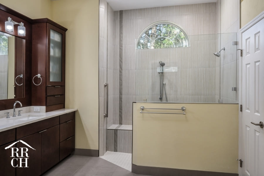 Bathroom Remodel with Walk-In Show and Natural Lighting and Modern Vanity Drawer Pulls | Robinson Renovations and Custom Homes
