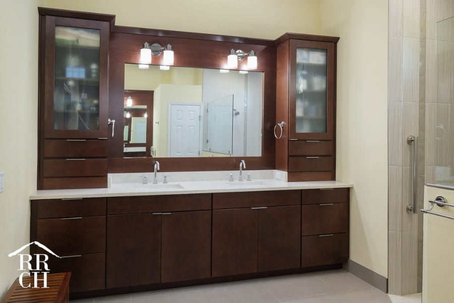 Modern Bathroom Vanity in Remodel with Frosted Privacy Glass and Large Mirror | Robinson Renovations and Custom Homes