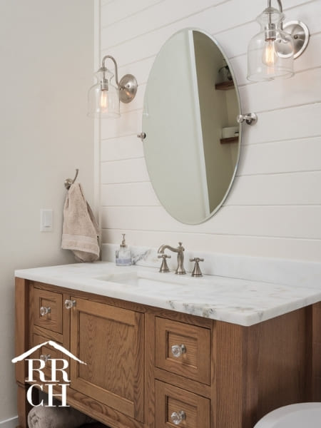 Custom Home Build Master Bathroom Vanity Marble Counter Shiplap Wall with Modern Farmhouse Lighting - Dylans Grove 2 | Robinson Renovation & Custom Homes, Inc.