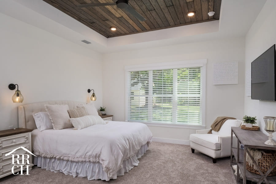 Custom Home Build Master Bedroom Hardwood Floor Accent Ceiling with Recessed Lighting - Dylans Grove 2 | Robinson Renovation & Custom Homes, Inc.