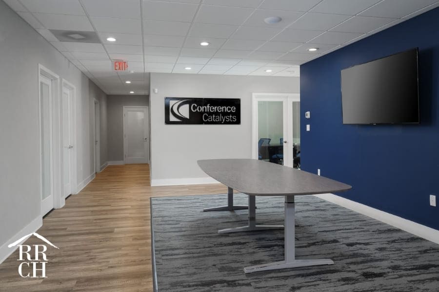 Commercial Office Renovation with Modern Color Palette and Blue Accent Wall Corporate Color Scheme | Robinson Renovation and Custom Homes