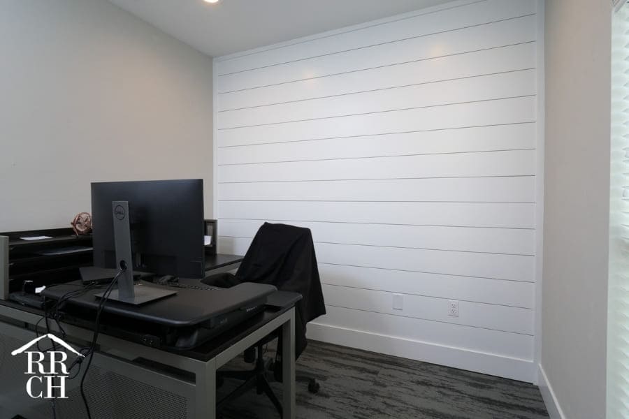 Modern Commercial Office Renovation with Shiplap Accent Wall in Office | Robinson Renovation and Custom Homes